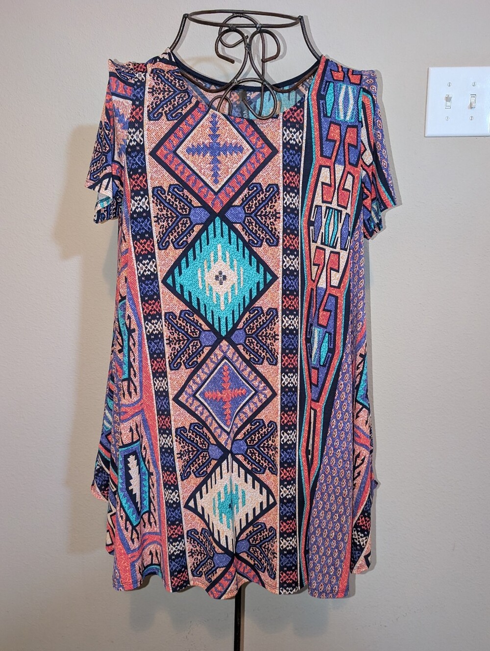 Boho Geometric Short Sleeve Dress in Teal, Violet & Coral